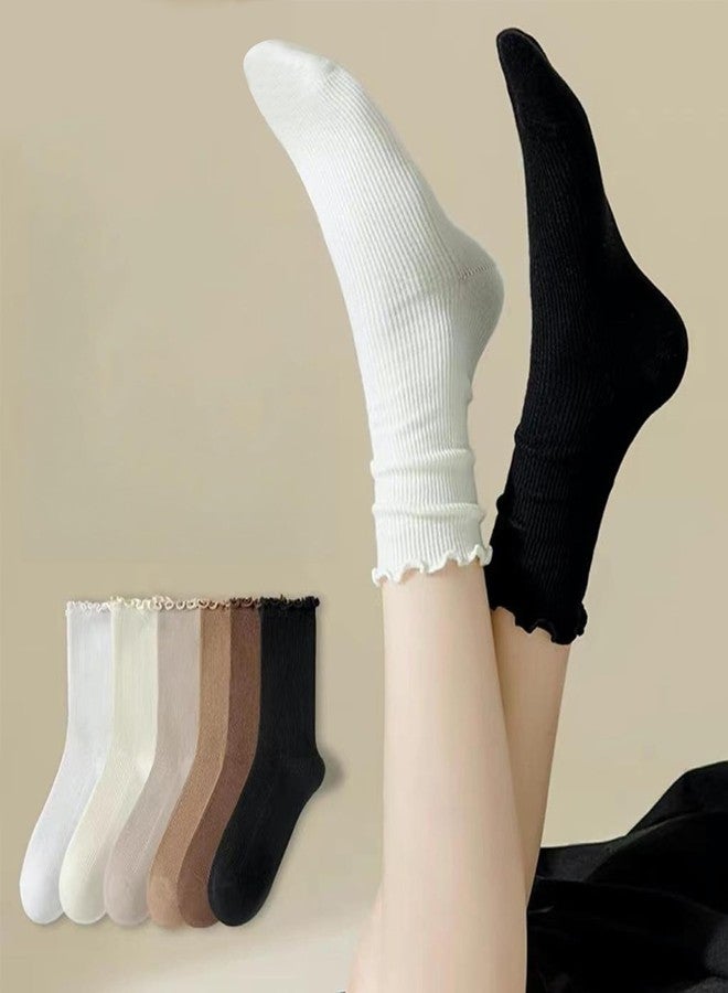 Rueesh 6 Pairs Breathable Women Warm Ruffle Ankle Socks Winter Cozy Knit Cotton Crew Socks Soft Thermal Frilly Calf Socks - Image 4